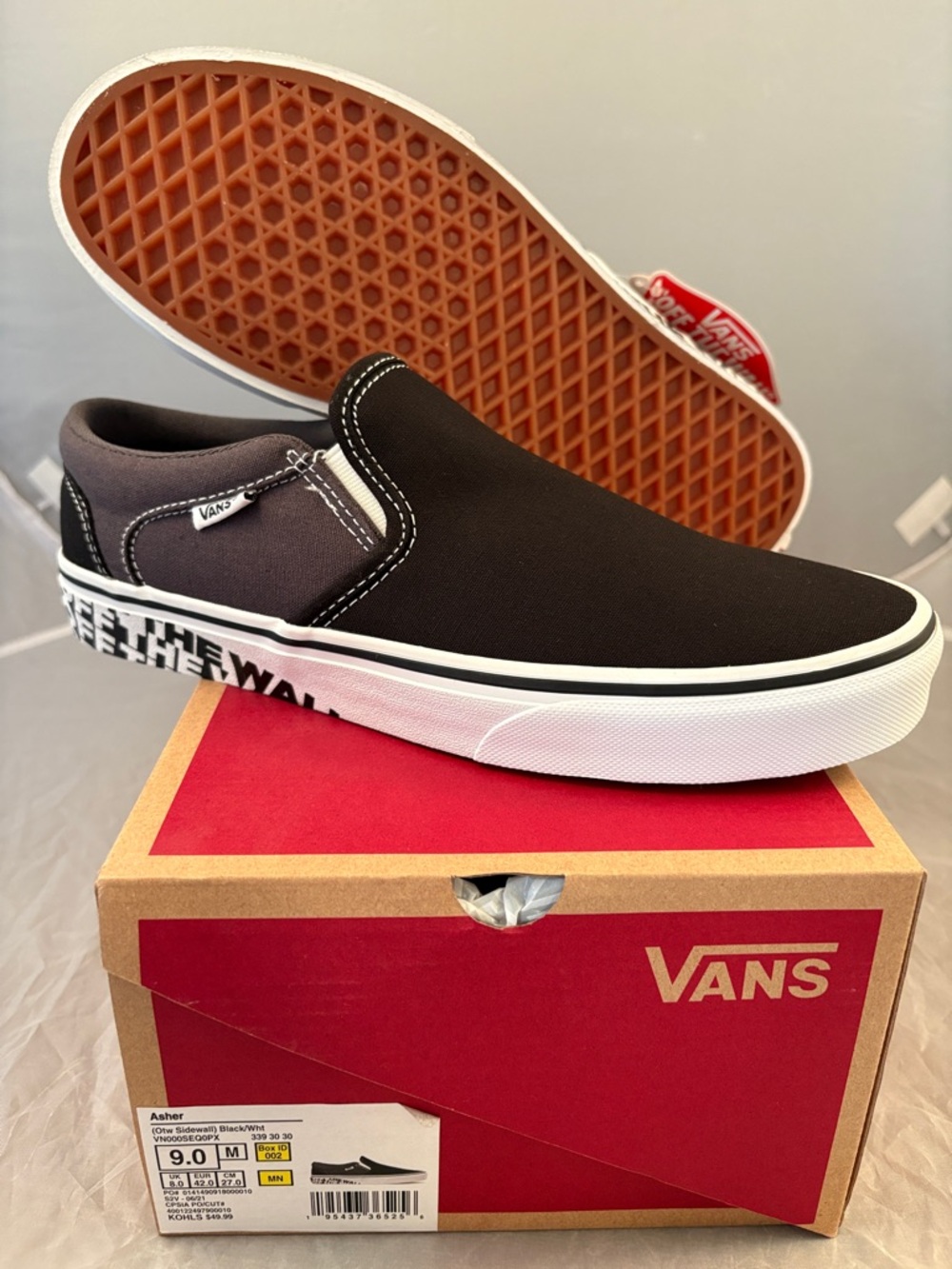 New Vans Asher Black White Gum Classic Slip-On Loafers Shoes Size 9 Men’s